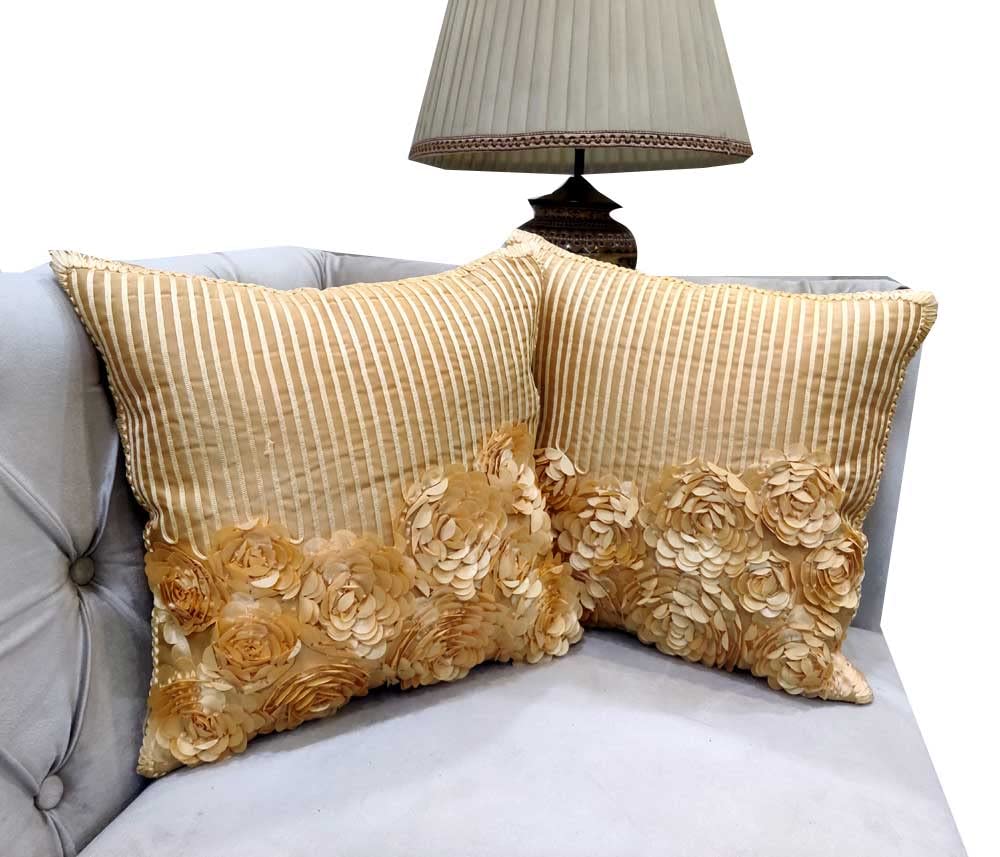 GOODVIBES Yellow Cream Golden Cushion Cover Floral Satin Stitched Zippered Cushion Cover | 16X16 Inches | 40cm * 40 cm I Set of 2|