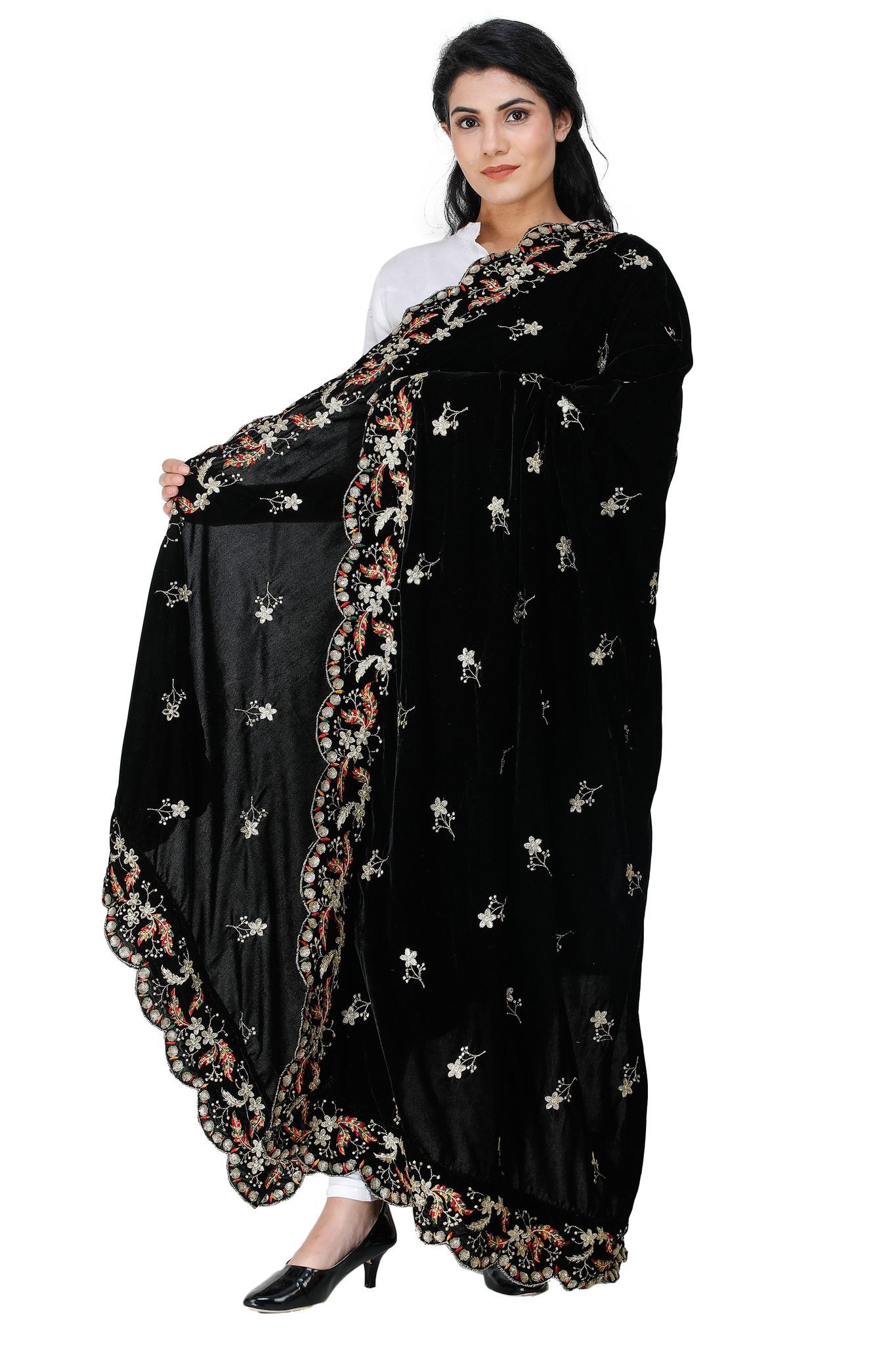 Black Velvet Dupatta from Amritsar with Embroidered Flowers and Sequins