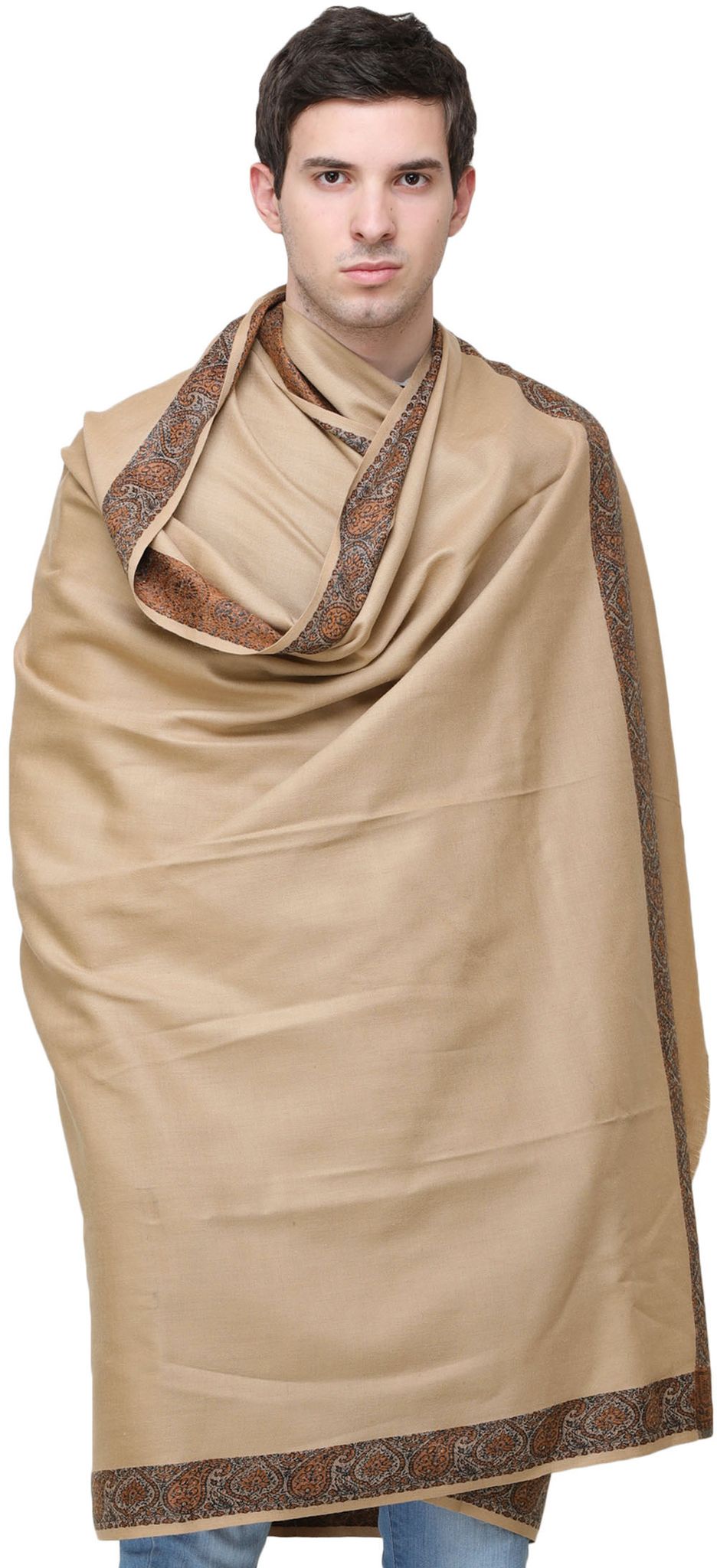 Khaki Plain Men's Shawl with Brown Woven Border