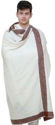 Ivory Plain Men's Shawl with Brown Woven Border