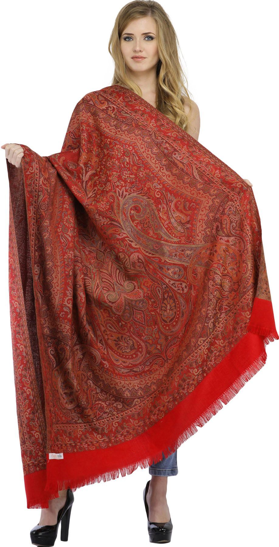 Tomato Reversible Jamawar Shawl with Woven Paisleys