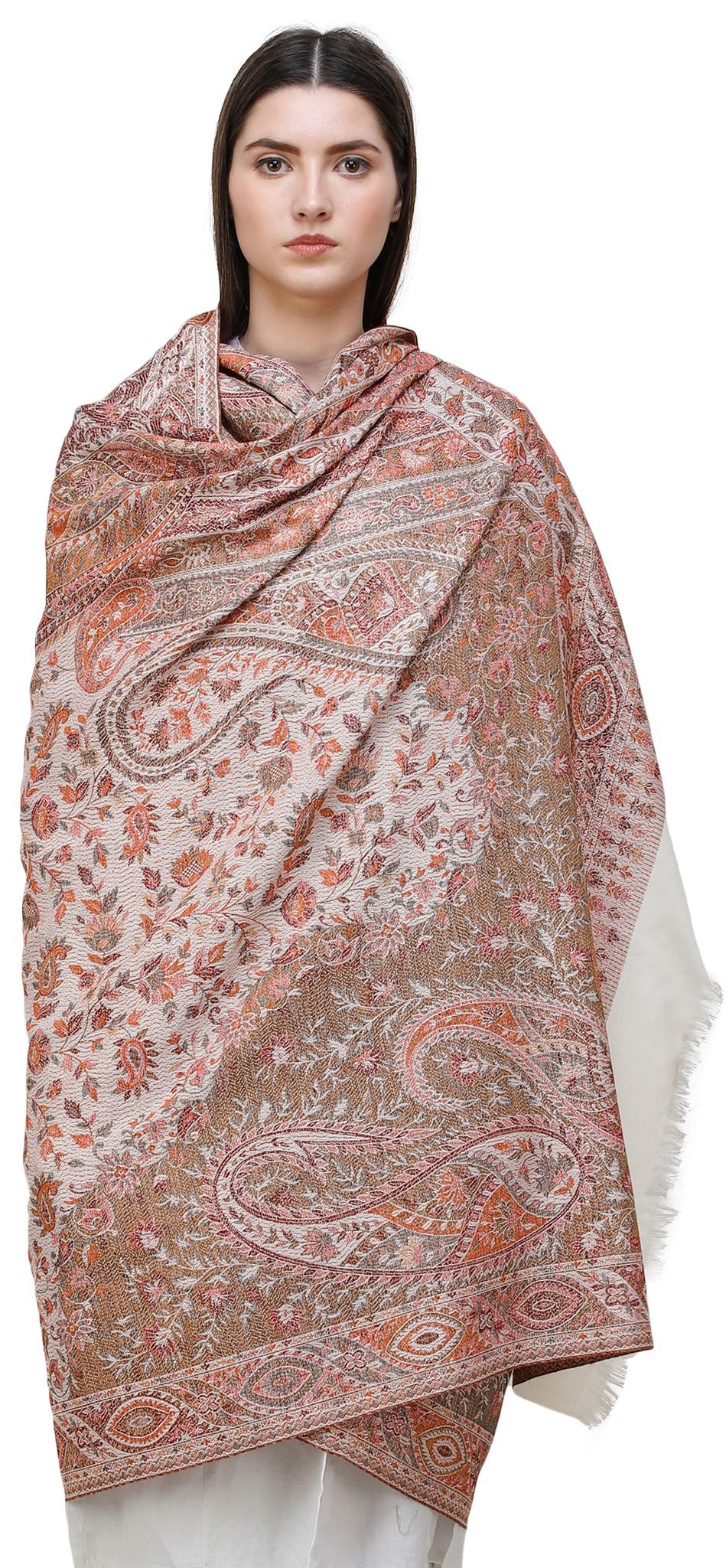 Snow-White Reversible Jamawar Shawl with Woven Paisleys