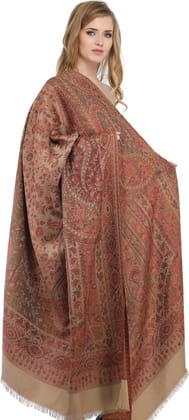 Light-Taupe Reversible Jamawar Shawl with Woven Paisleys