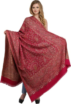 Fuchsia-Rose Reversible Jamawar Shawl with Woven Paisleys