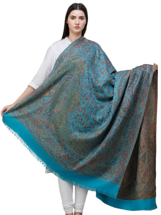 Blue-Grotto Reversible Jamawar Shawl with Woven Paisleys
