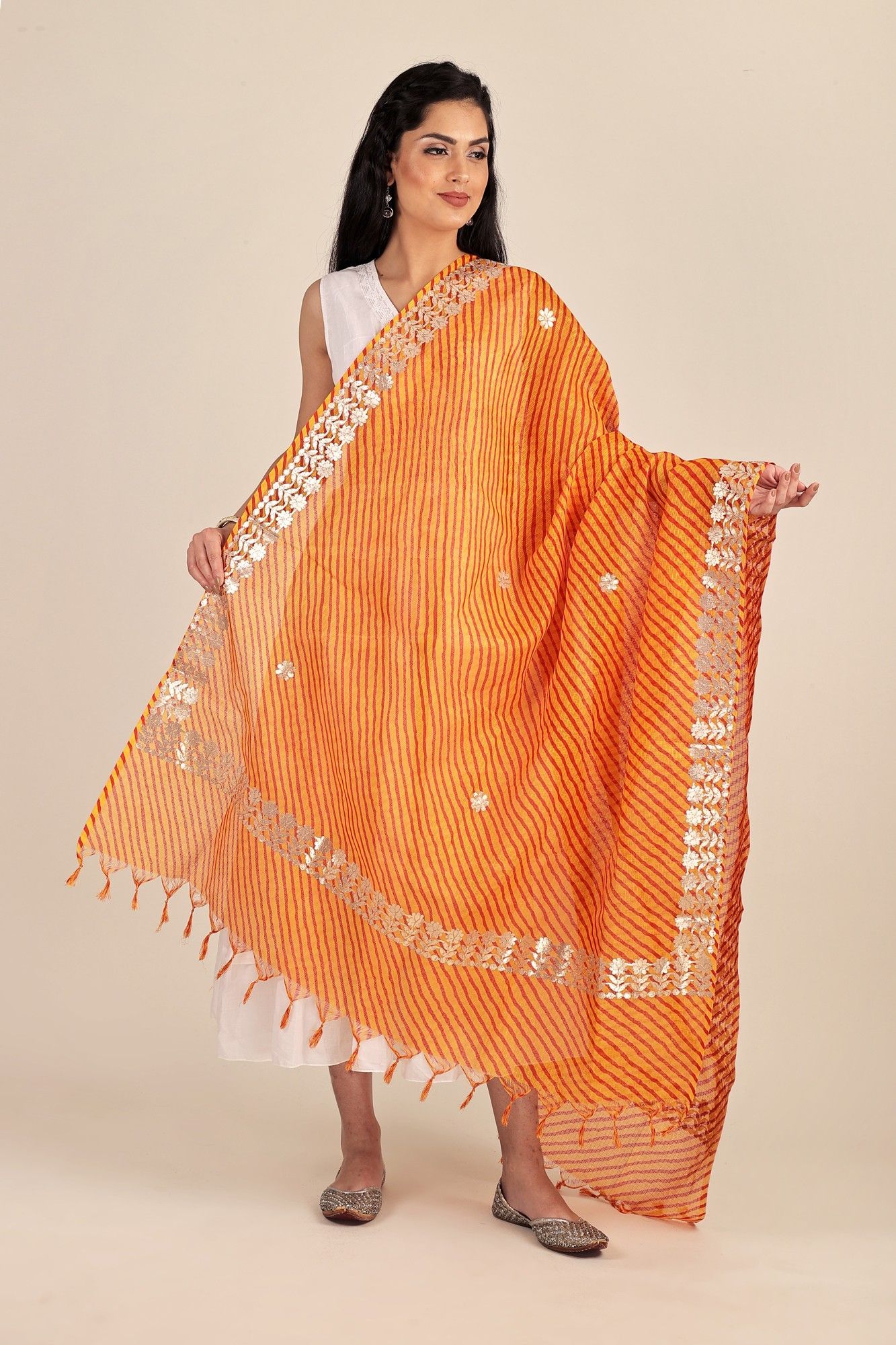 Marigold Leheria Kota Doria Extra-Wide Dupatta from Jodhpur with Gota Border