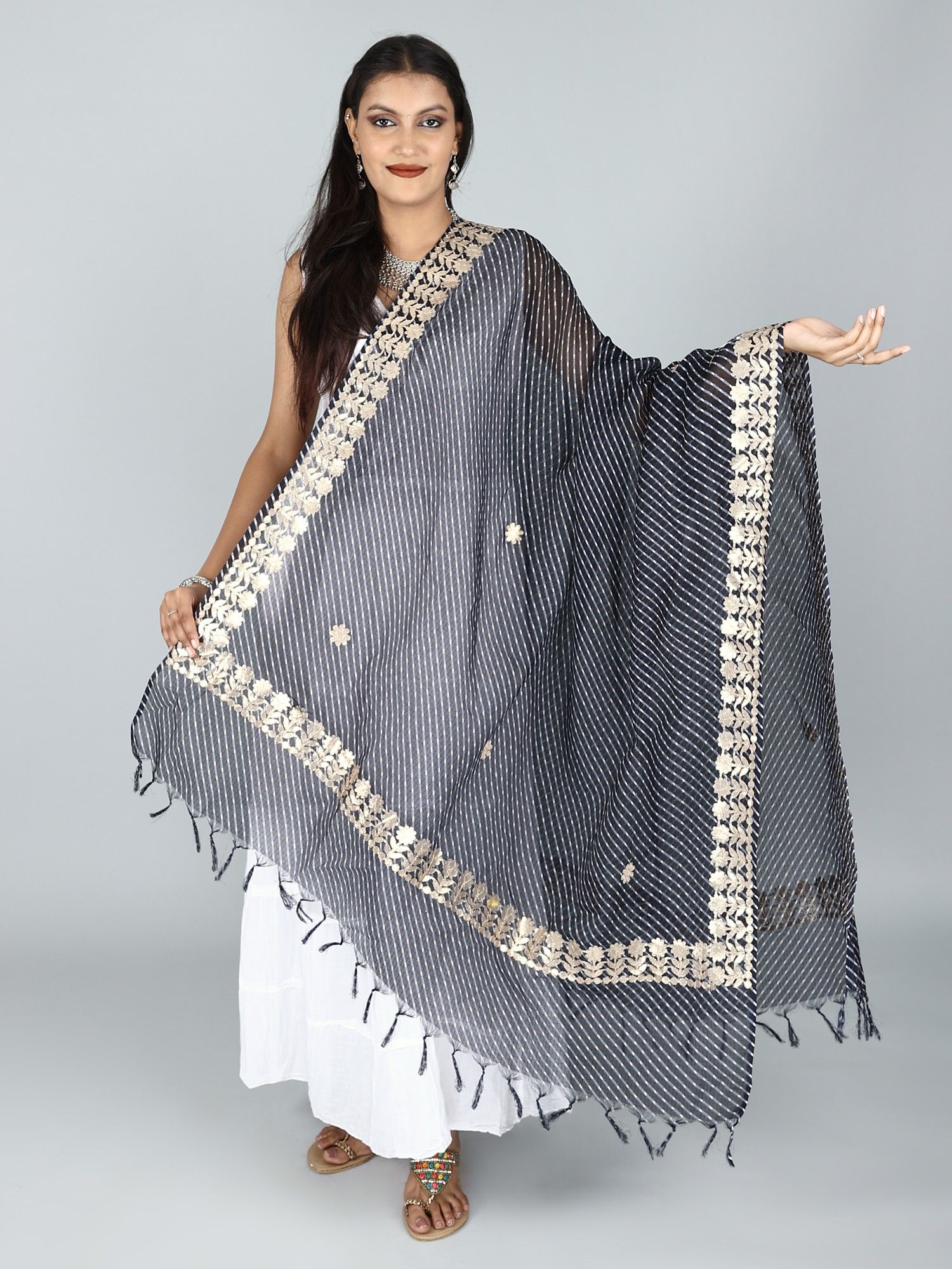 Navy Leheria Kota Doria Extra-Wide Dupatta from Jodhpur with Gota Border