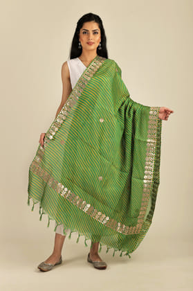 Jolly-Green Leheria Kota Doria Extra-Wide Dupatta from Jodhpur with Gota Border