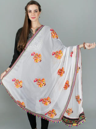 White Phulkari Dupatta With Sequin Embroidered Dandiya Motif And Saori Lace On The Borders From Rajasthan