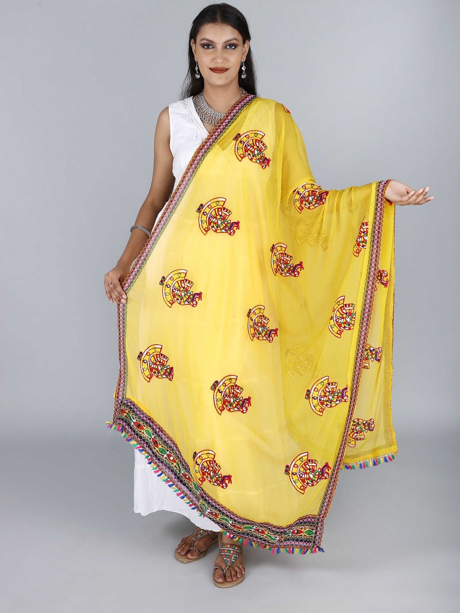 Yellow Phulkari Dupatta With Sequin Embroidered Dandiya Motif And Saori Lace On The Borders From Rajasthan