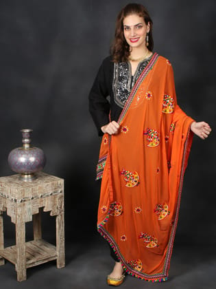 Orange Phulkari Dupatta With Sequin Embroidered Dandiya Motif And Saori Lace On The Borders From Rajasthan