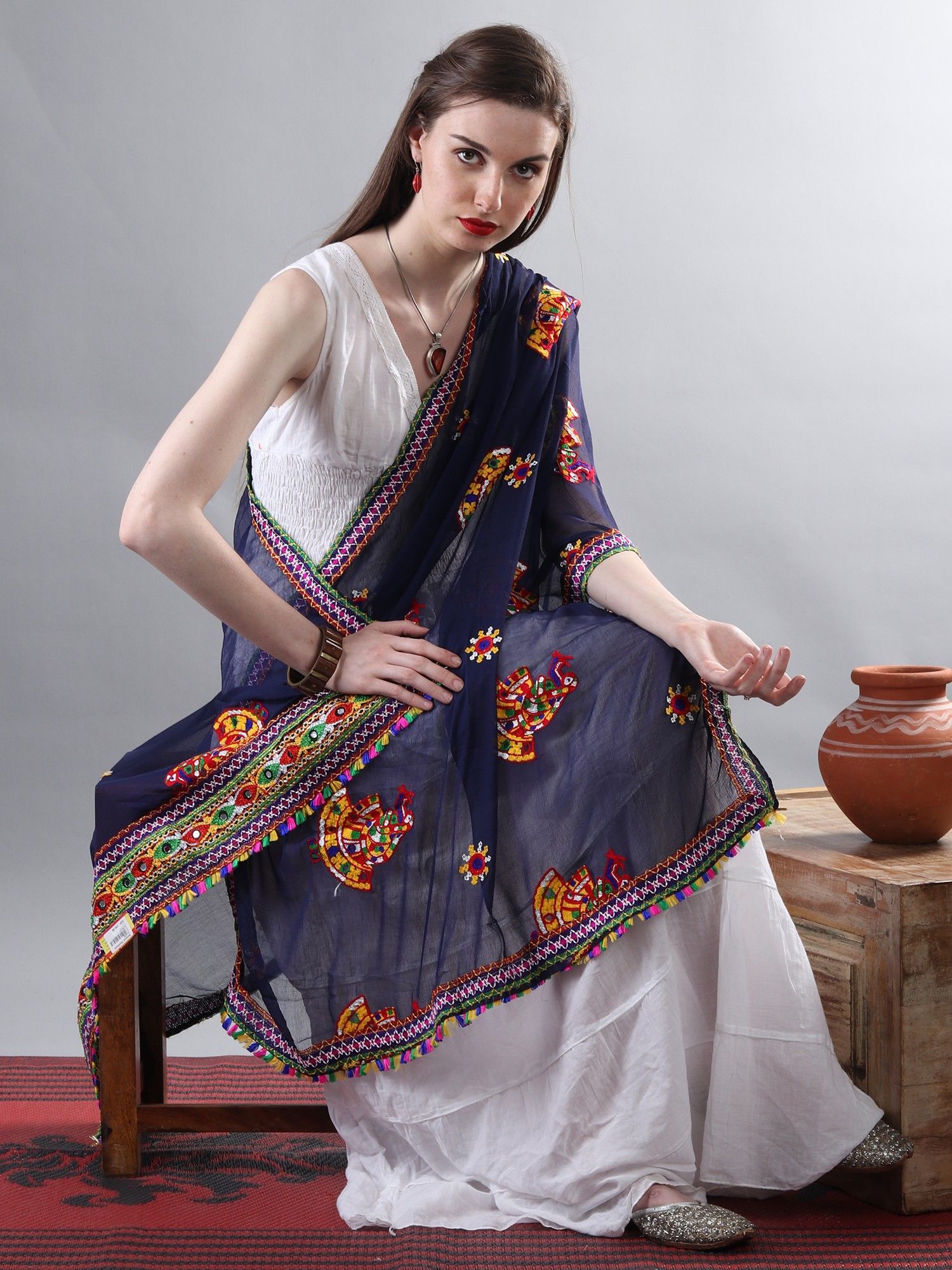 Ink-Blue Phulkari Dupatta With Sequin Embroidered Dandiya Motif And Saori Lace On The Borders From Rajasthan