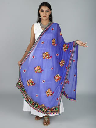 Blue Phulkari Dupatta With Sequin Embroidered Dandiya Motif And Saori Lace On The Borders From Rajasthan