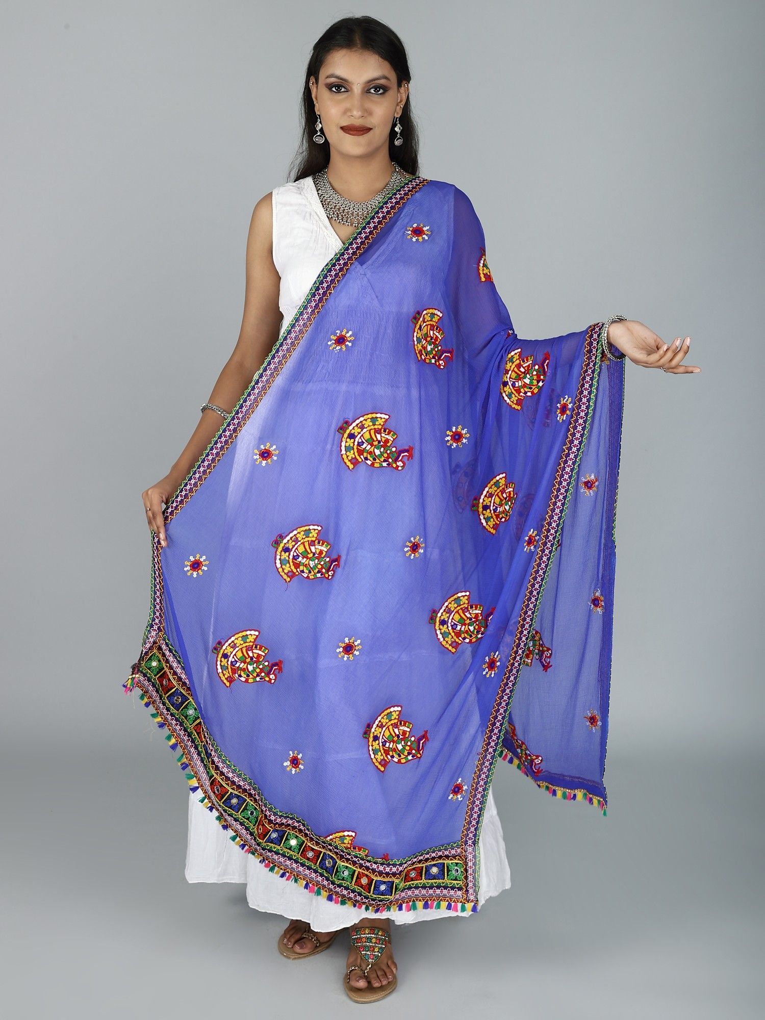 Blue Phulkari Dupatta With Sequin Embroidered Dandiya Motif And Saori Lace On The Borders From Rajasthan