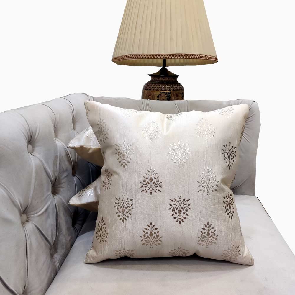 Polyester Silver Floral Foil Printed Cream Square Cushion Covers (40 cm*40cm, 16 x 16 inch) Pack of 3