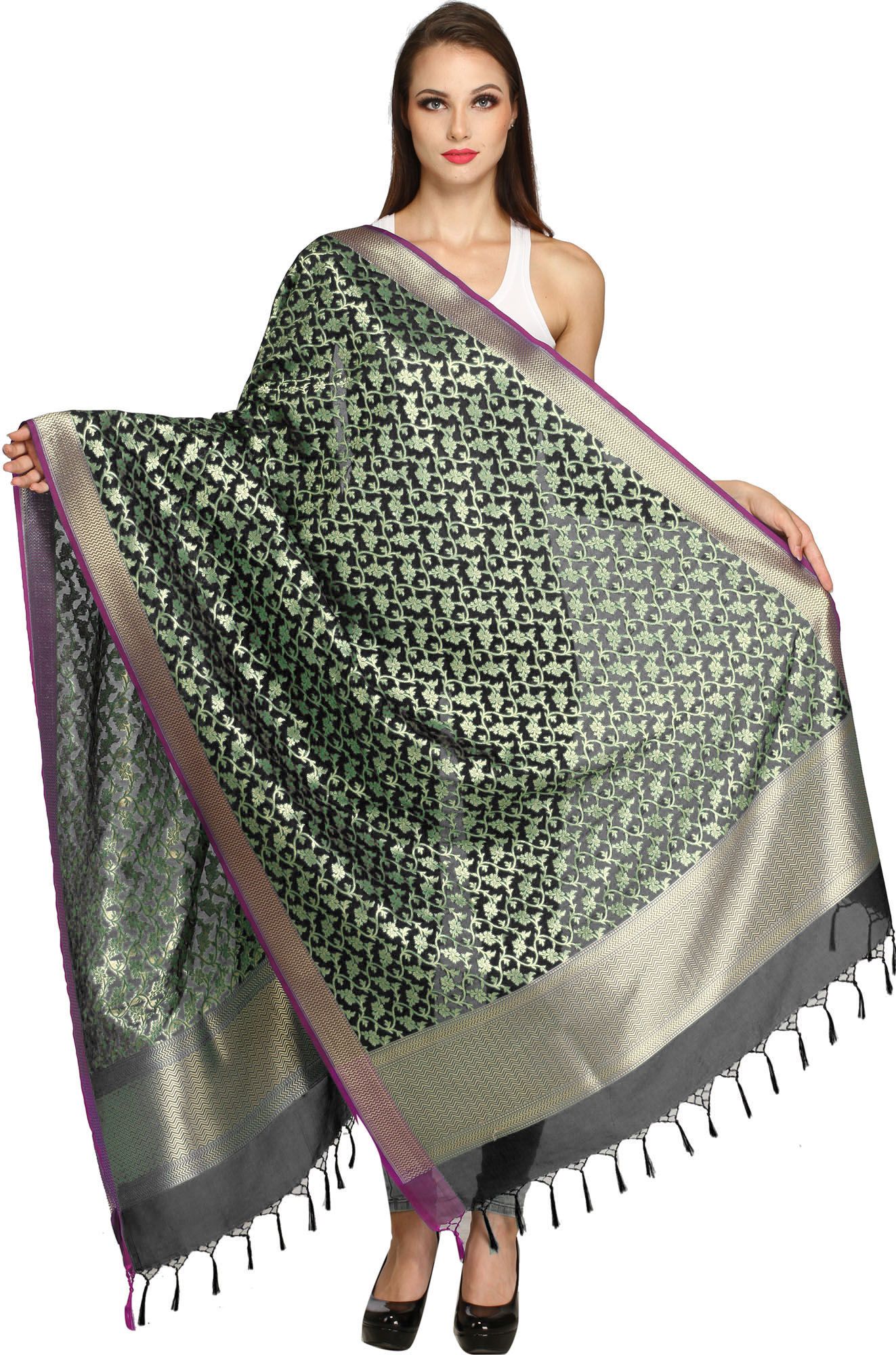 Caviar-Black Banarasi Brocaded Zari Thread Dupatta with Floral Weave