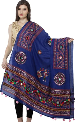 Marzipan-Blue Printed Dupatta from Kutch with Hand-Embroidered Florals and Mirrors