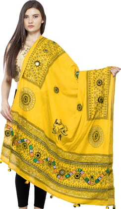 Empire-Yellow Printed Dupatta from Kutch with Hand-Embroidered Florals and Mirrors