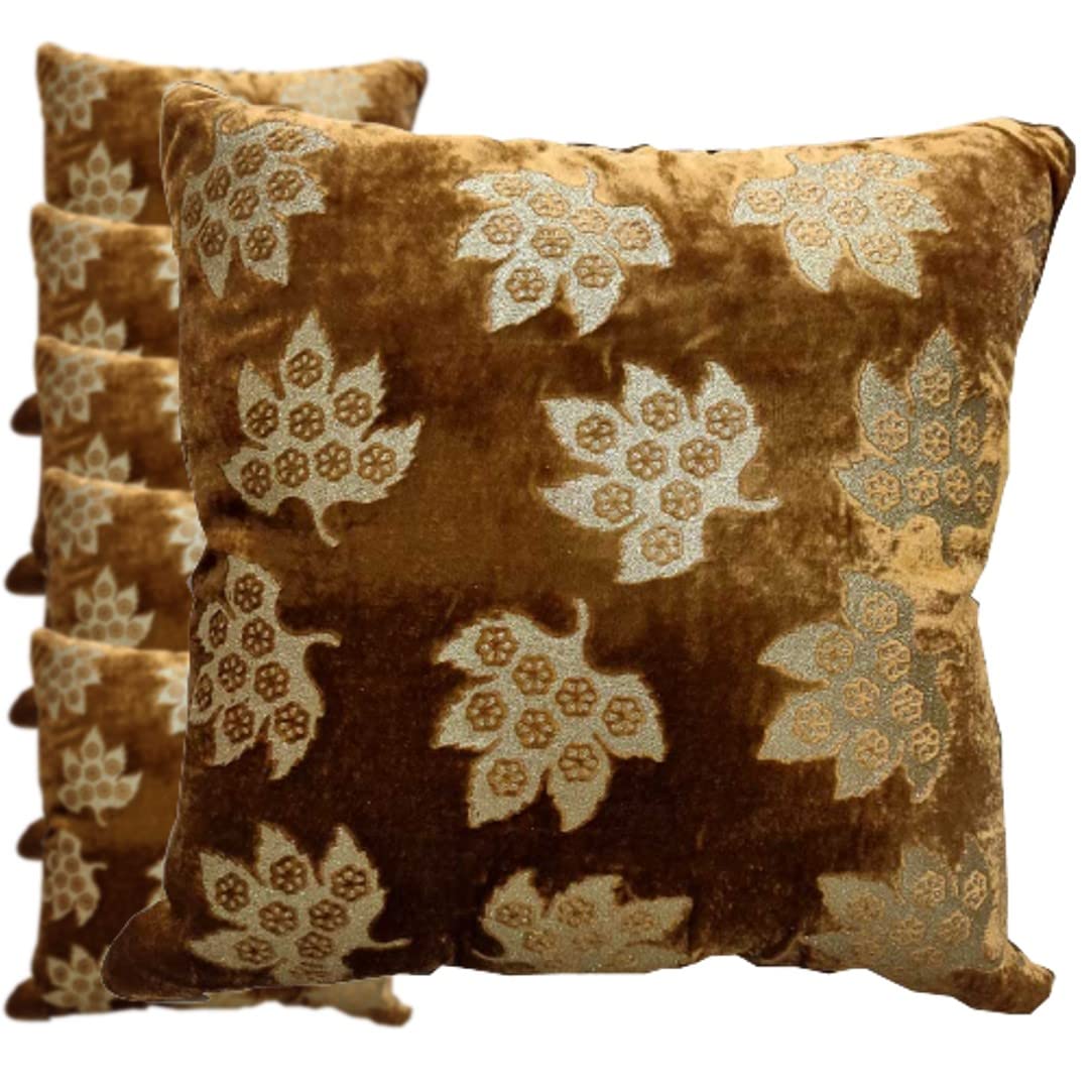 GOODVIBES Brown Golden Cushion Cover with Leaf Embroidered Stitched Zippered Velvet Combo Cushion Cover | 24X24 Inches | 60cm * 60 cm I Set of 6|