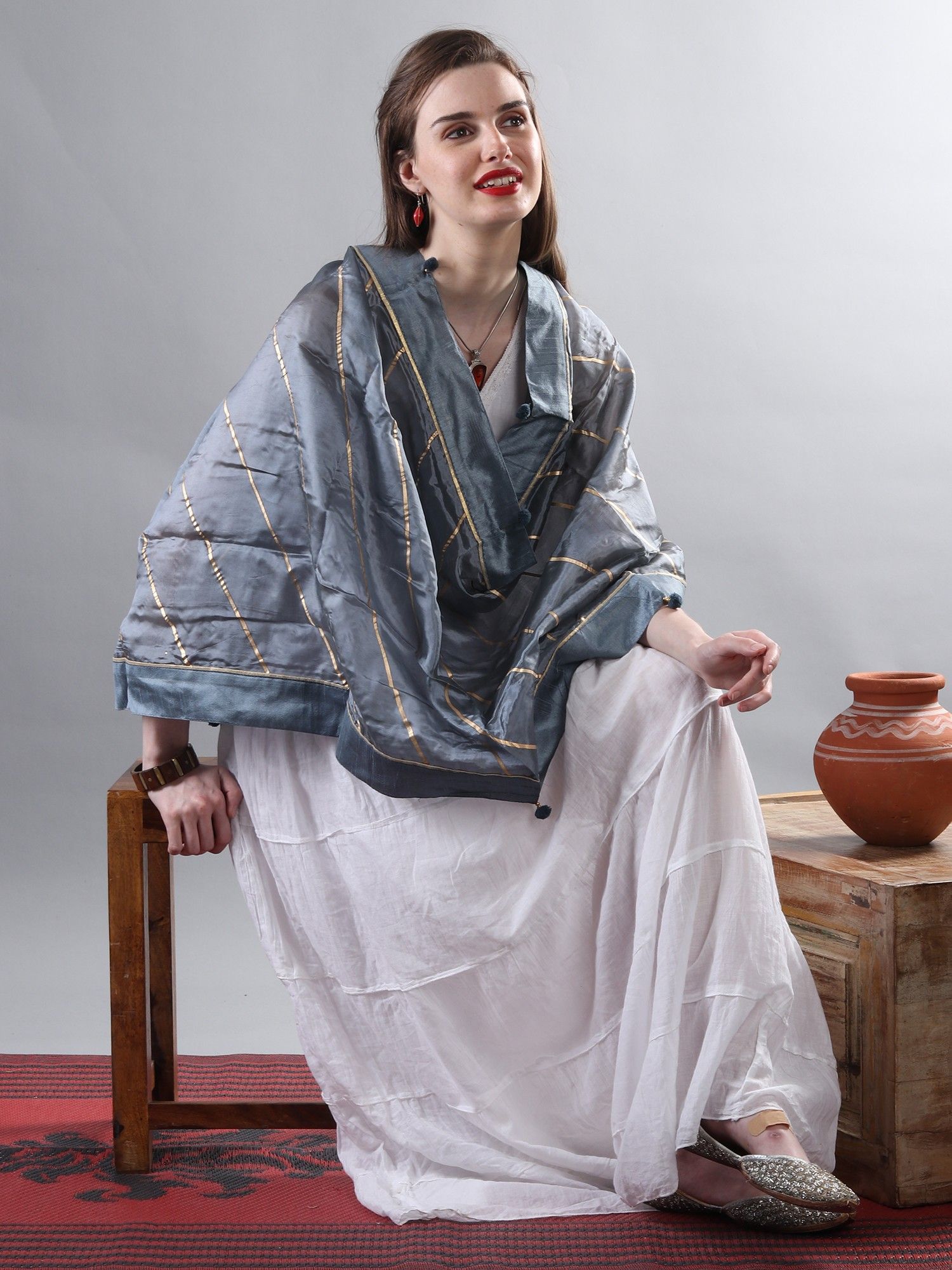 Slate-Gray Gota Dupatta from Amritsar with Patch Border and Pom-Poms