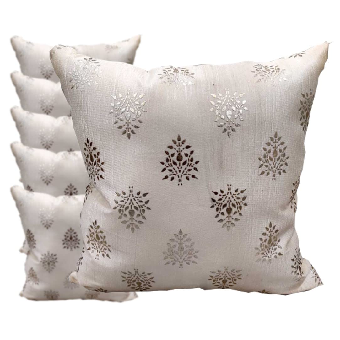 GOODVIBES Polyester Silver Floral Foil Printed Cream Square Cushion Covers Set of 6 (60 cm*60cm, 24 x 24 inch) Pack of 6