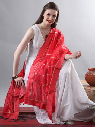 Rose-Red Gota Dupatta from Amritsar with Patch Border and Pom-Poms