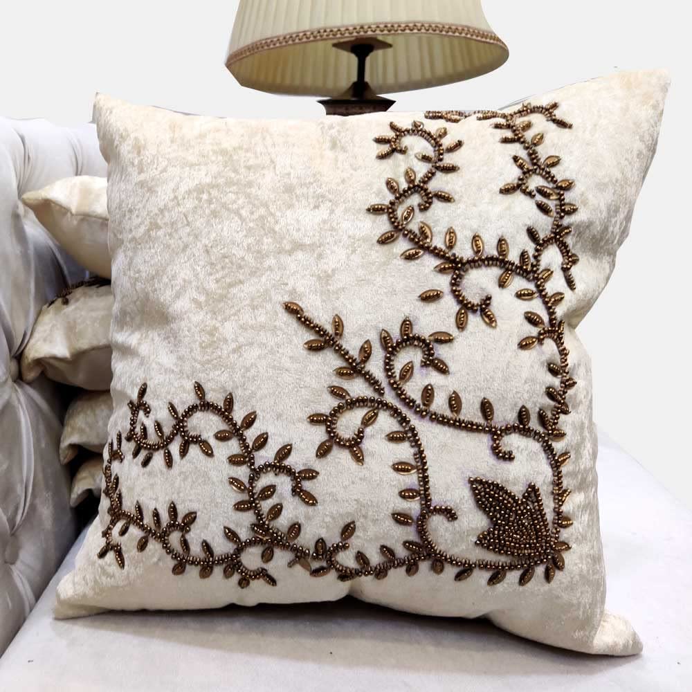 Suede White Cream Set of 5 Ethnic Beaded Embroidered Square Combo Cushion Covers for Sofa Home Bedroom (16x16 inch or 40 x 40 cm)