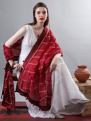 Garnet-Red Gota Dupatta from Amritsar with Patch Border and Pom-Poms