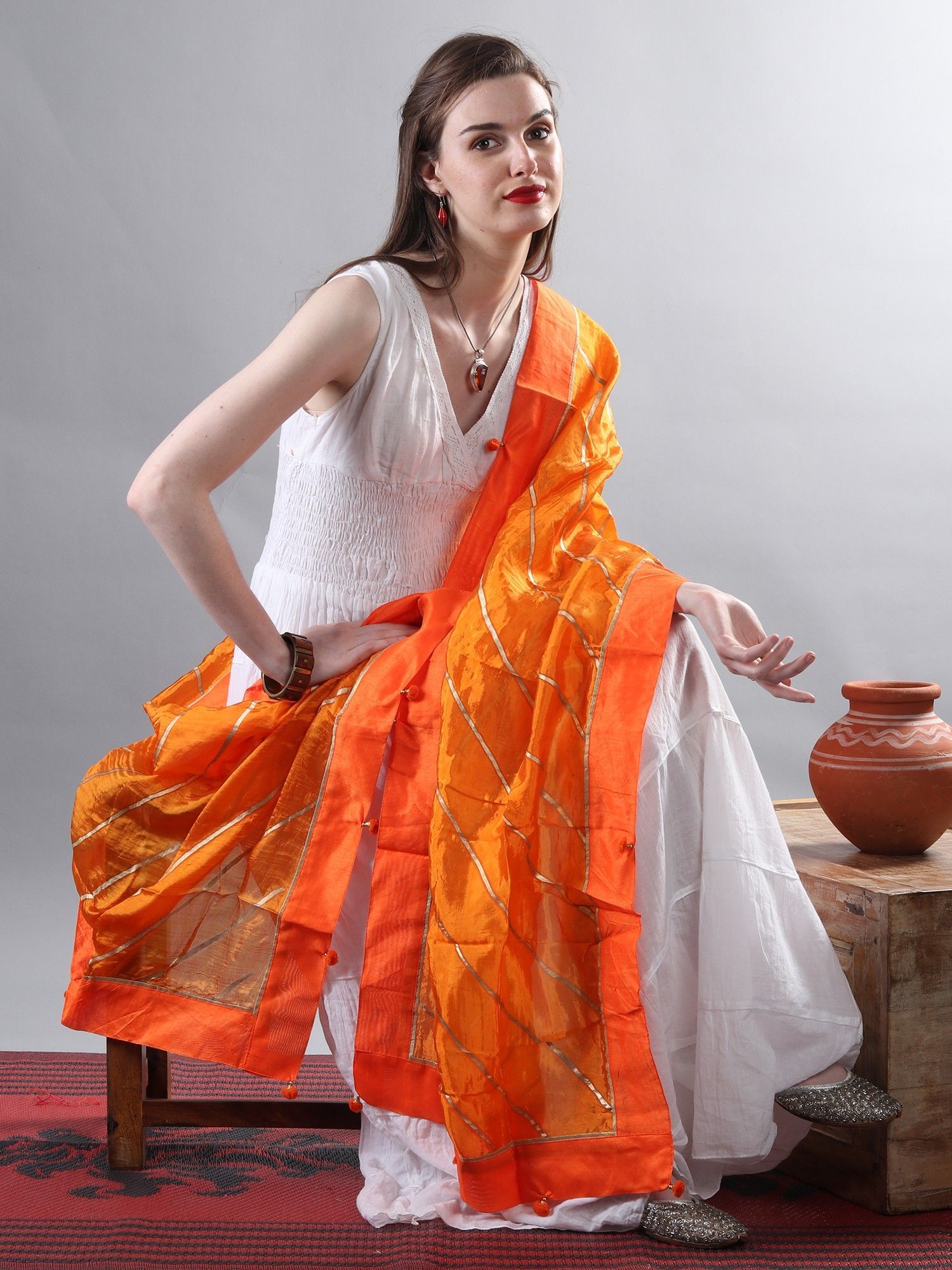 Flame-Orange Gota Dupatta from Amritsar with Patch Border and Pom-Poms