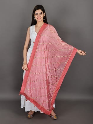 Flamingo-Pink Gota Dupatta from Amritsar with Patch Border and Pom-Poms