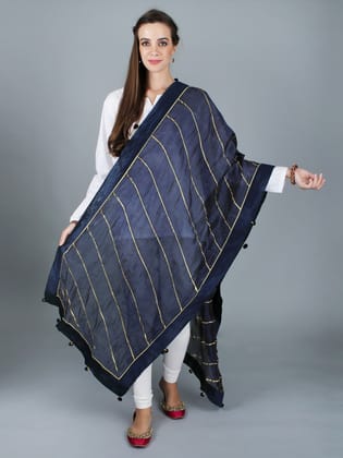 Estate-Blue Gota Dupatta from Amritsar with Patch Border and Pom-Poms