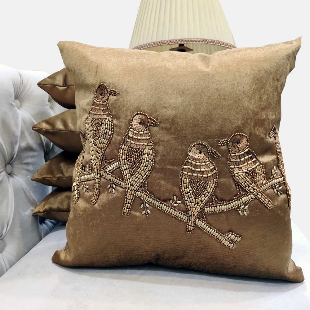Suede Bronze Brown Set of 5 Ethnic Beaded Embroidered Square Combo Cushion Covers for Sofa Home Bedroom (16x16 inch or 40 x 40 cm)