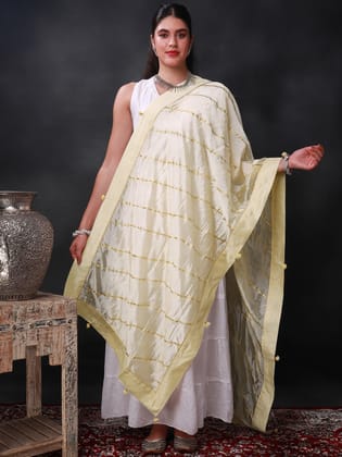 Cream Gota Dupatta from Amritsar with Patch Border and Pom-Poms