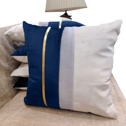 GOODVIBES Blue Beige Gold Leather Striped Patchwork Velvet Cushion Case Luxury Modern Throw Pillow Cover Decorative Pillow for Couch Living Room Bedroom Car| 16X16 Inches | 40cm * 40 cm I Set of 5|