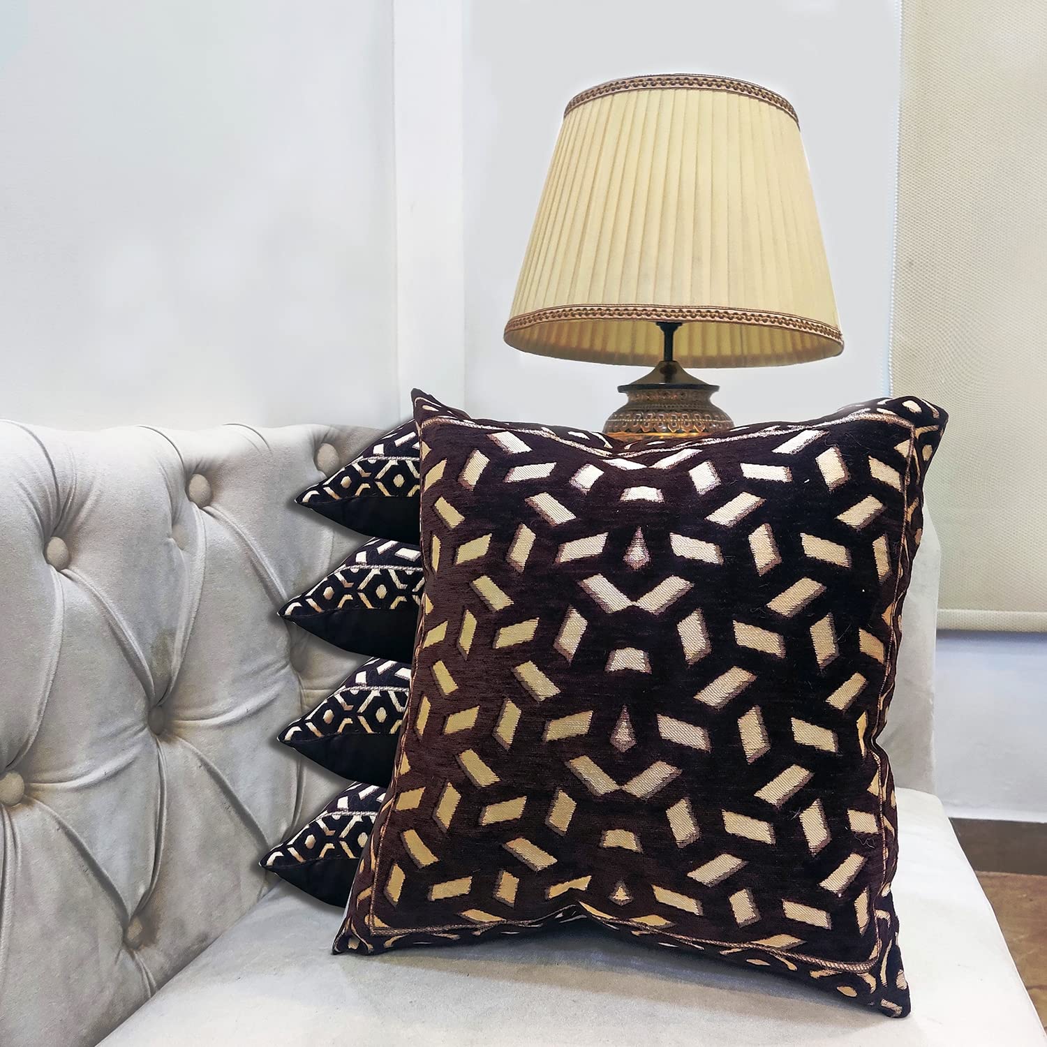 Black Damask Geometric Woven Zipper Square Cushion Covers (16x16 inch or 40 x 40 cm) Set of 5