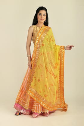 Lemon-Zest Tie & Dye Pattern Digital Print Bemberg Chiffon Extra-Wide Dupatta With Tassels