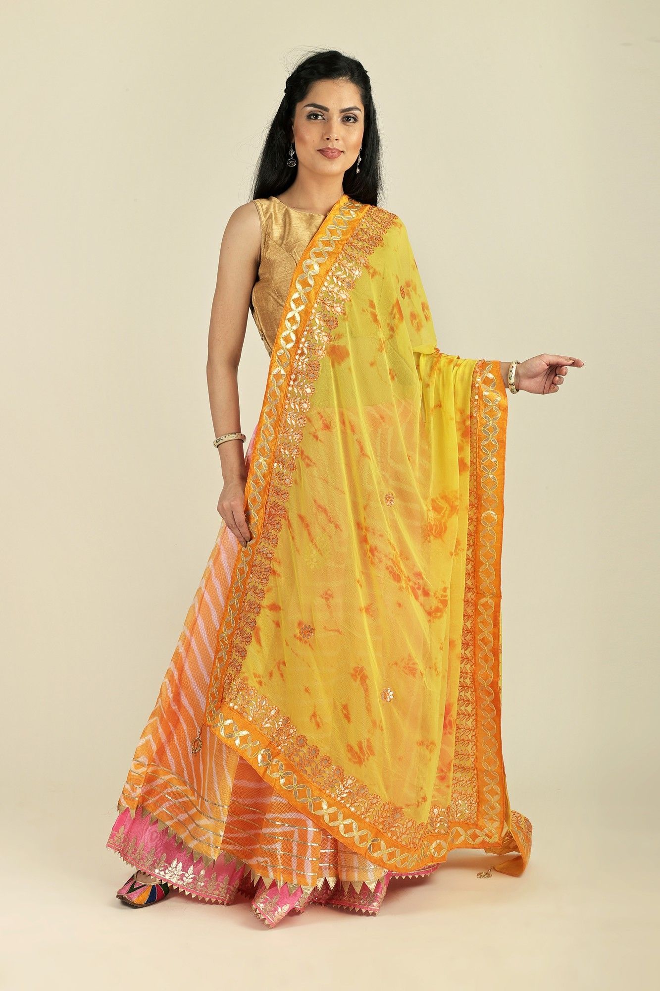 Lemon-Zest Tie & Dye Pattern Digital Print Bemberg Chiffon Extra-Wide Dupatta With Tassels