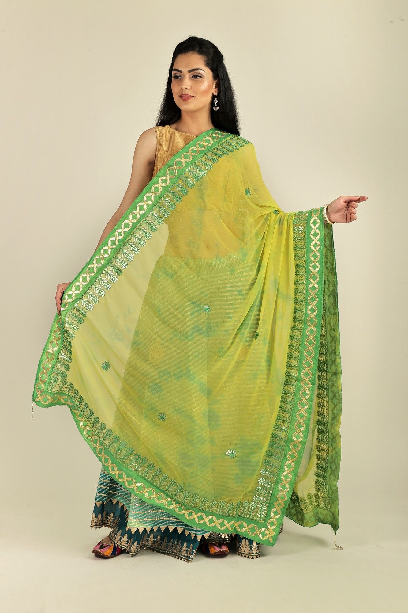 Limeade Tie & Dye Pattern Digital Print Bemberg Chiffon Extra-Wide Dupatta With Tassels