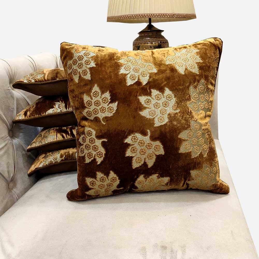 Brown Cushion Cover with Leaf Zari Embroidered Stitched Zippered Velvet Combo Cushion Cover (Gold ) | 16X16 Inches | 40cm * 40 cm I Set of 5