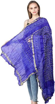 Medium-Blue Bandhani Tie-Dye Gharchola Dupatta from Jodhpur with Golden Thread Weave