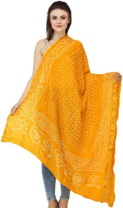 Citrus-Yellow Bandhani Tie-Dye Gharchola Dupatta from Jodhpur with Golden Thread Weave