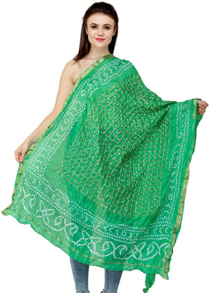 Bright-Green Bandhani Tie-Dye Gharchola Dupatta from Jodhpur with Golden Thread Weave