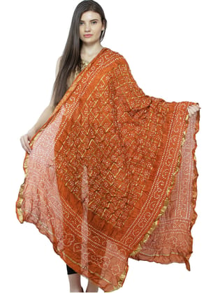 Apricot Bandhani Tie-Dye Gharchola Dupatta from Jodhpur with Golden Thread Weave