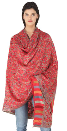 Scarlet-Sage Kani Jamawar Stole with Woven Flowers and Paiselys in Multi-Color Thread