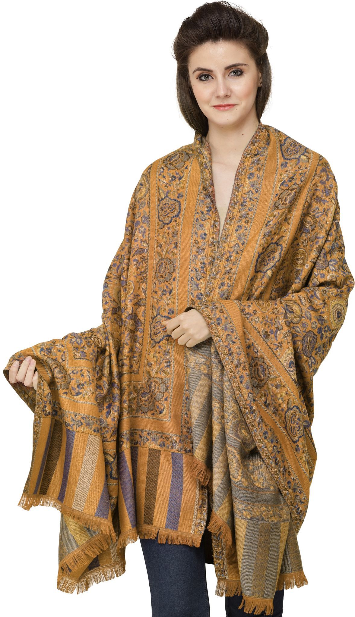 Butterscotch Jamawar Shawl with Woven Flowers in Multicolored Thread