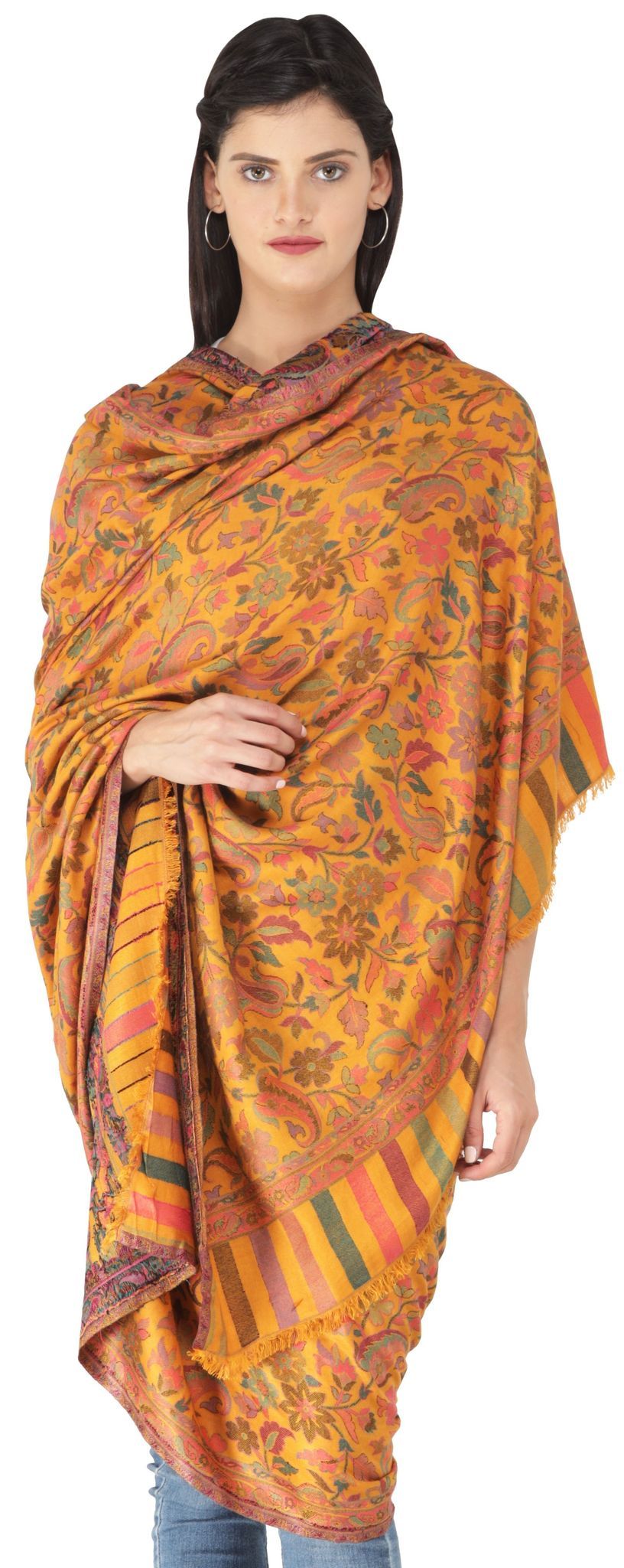 Golden-Orange Kani Jamawar Stole with Woven Flowers and Paiselys in Multi-Color Thread