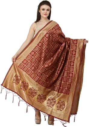 Deep-Caret Bandhani Gharchola Dupatta with Zari Weave and Brocaded Border