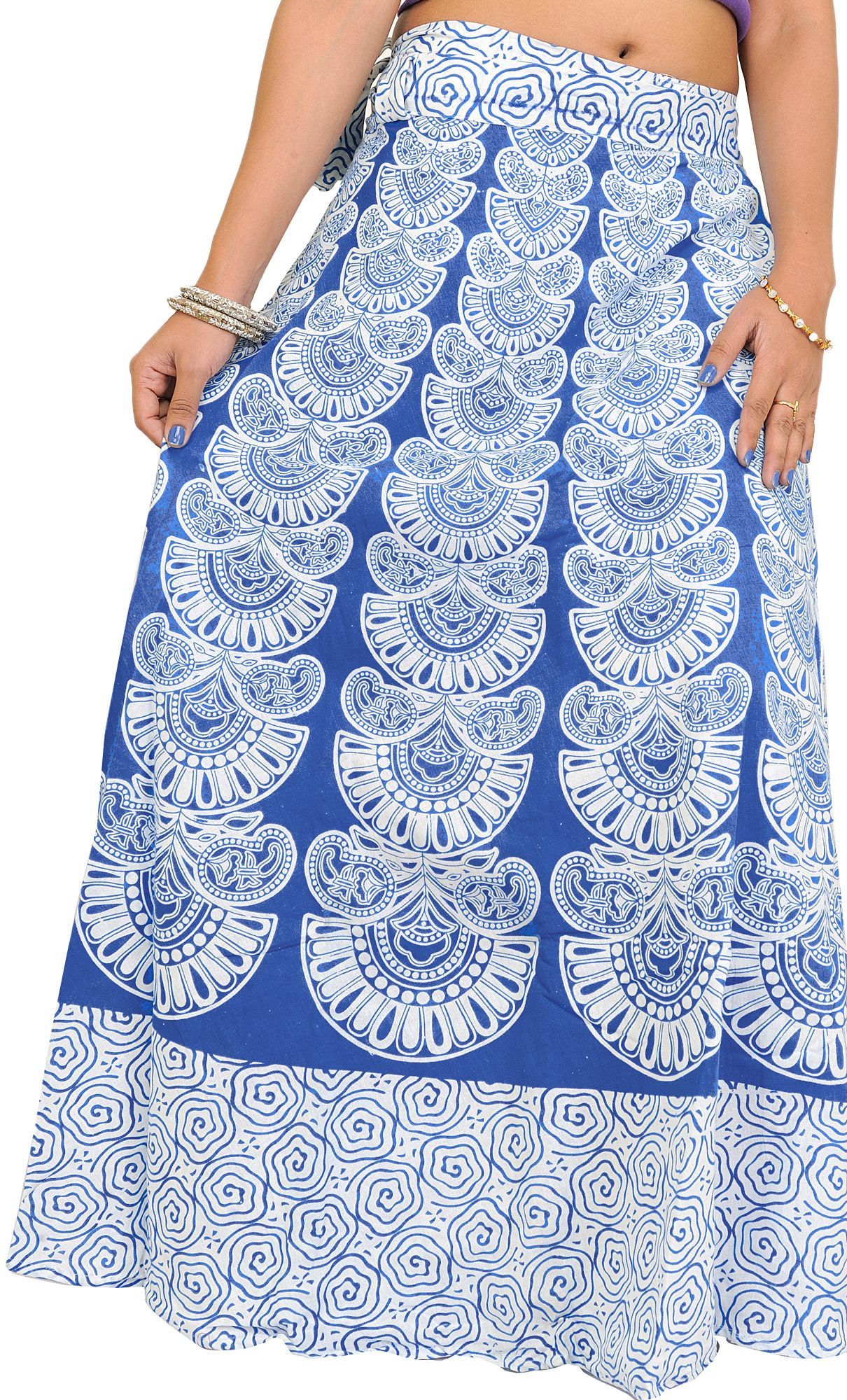 Princess-Blue Wrap-Around Long Skirt with Block-Print in Pastel Colors