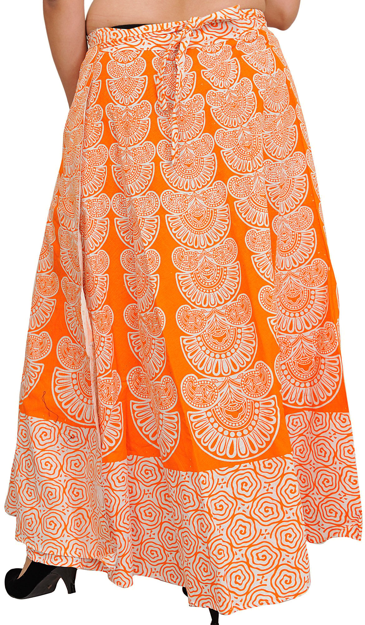 Orange-Peel Wrap-Around Long Skirt with Block-Print in Pastel Colors