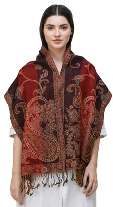 Oxblood-Red Reversible Jamawar Scarf from Amritsar with Woven Paisleys